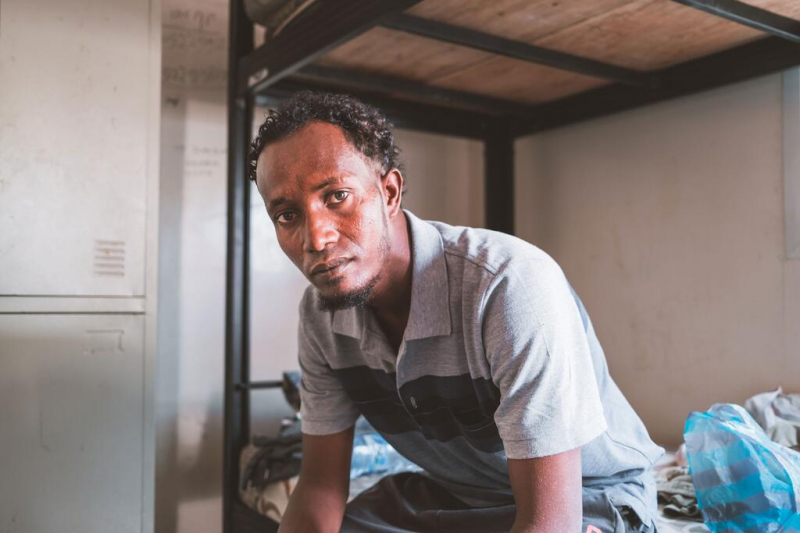 Jamal rests in a shelter for migrants in Djibouti.