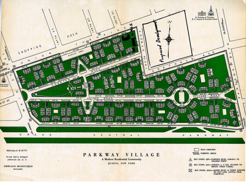 An historical map depicts Parkway Village, the UN's racially integrated housing development.
